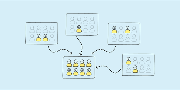 Användare från olika organisationer som samlas i en, illustration.