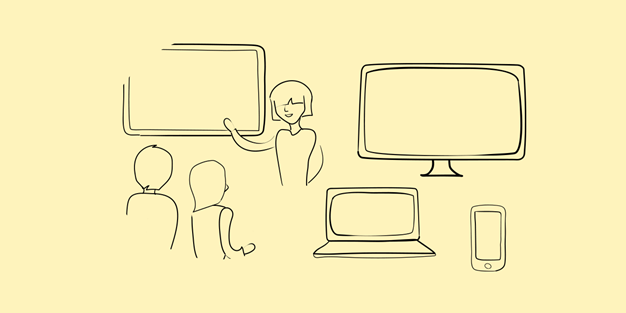 En skola med lärare, elever och IT-produkter. Illustration