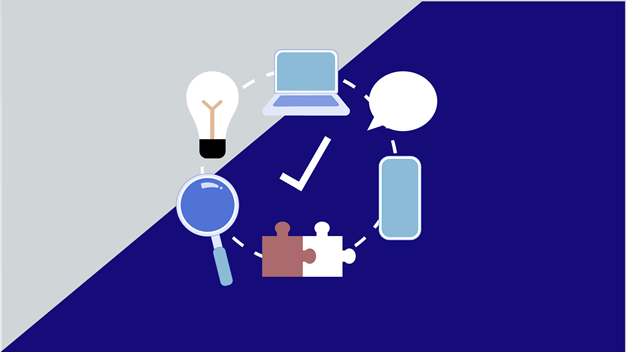 A light bulb, a laptop, a speech bubble, a smartphone, two pieces of kiss and a magnifying glass. These revolve around a check mark. Illustration.