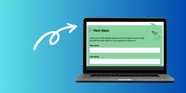 An arrow pointing to laptop showing contact form on screen. 