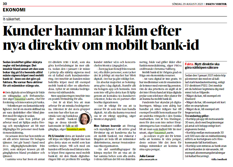 Skärmbild på artikeln Kunder i kläm efter nya regler om bank-id